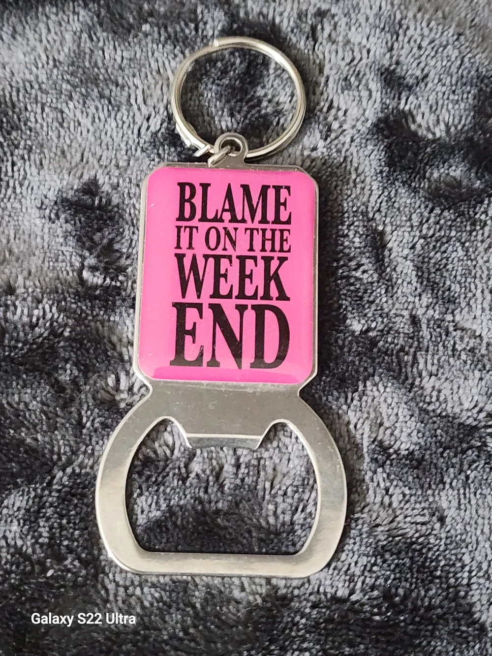 Pink 'Blame It On The Weekend' Keyring Bottle Opener